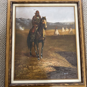 J. Wymark Oil on Canvas Painting Of Indian On Horse Plains Of Indian Reservation